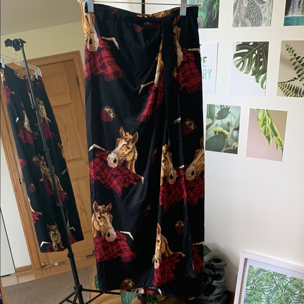 British Khaki Skirt Faux Wrap Multicolor Equestrian Horse Print